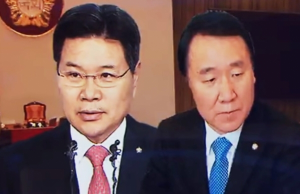 국회 본회의에서 체포동의안이 부결된 자유한국당 홍문종 의원(왼쪽)과 염동열 의원. /유튜브 캡처