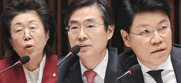 이은재(왼쪽) 자유한국당 의원, 조경태 자유한국당 의원, 장제원 자유한국당 의원. /유튜브 캡처