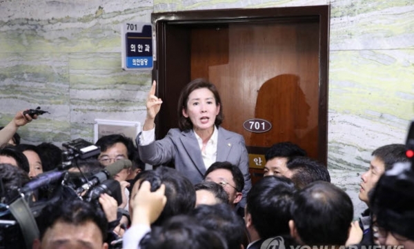 지난 4월 패스트트랙 충돌 당시 '헌법수호'를 외치는 나경원 자유한국당 원내대표. /연합뉴스