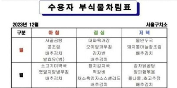 서울구치소 2023년 12월 식단표 (출처=법무부)