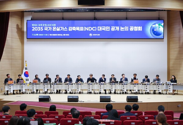 지난 6일 서울 여의도 국회 의원회관에서 열린 2035 국가 온실가스 감축 목표(2035 NDC) 대국민 공개 논의 공청회에서 안영환 탄소중립녹색성장위원회 기후변화정책 분과위원장이 좌장으로 토론을 진행하고 있다. /연합뉴스